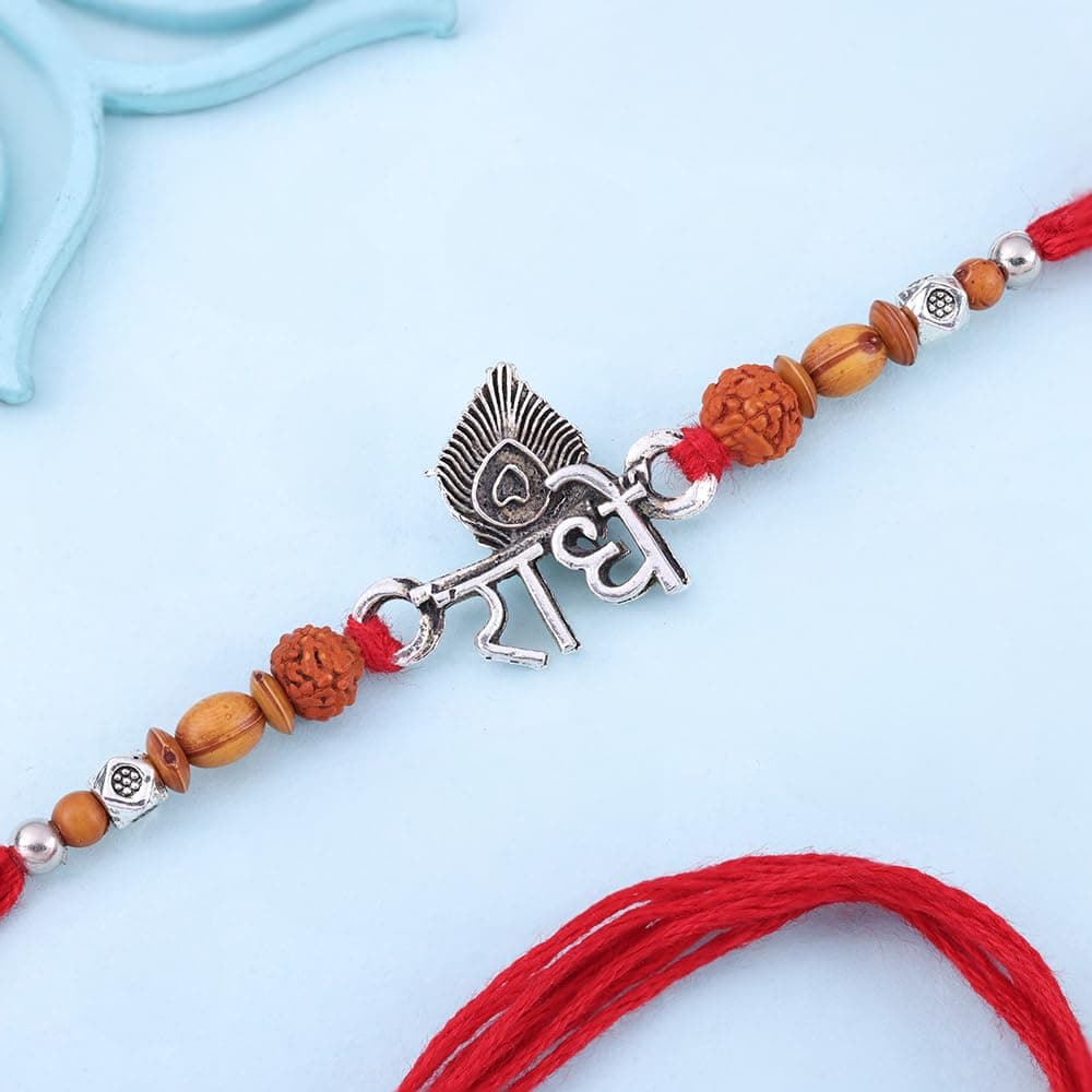 Floweraura Raksha Bandhan Celebrations Handcrafted Traditional Radhe Mor Pankh Rudraksha Rakhi - Rakhi Set for Brother | Bhai | Kids | Boy | Cousins | Rakshabandhan Gift Set