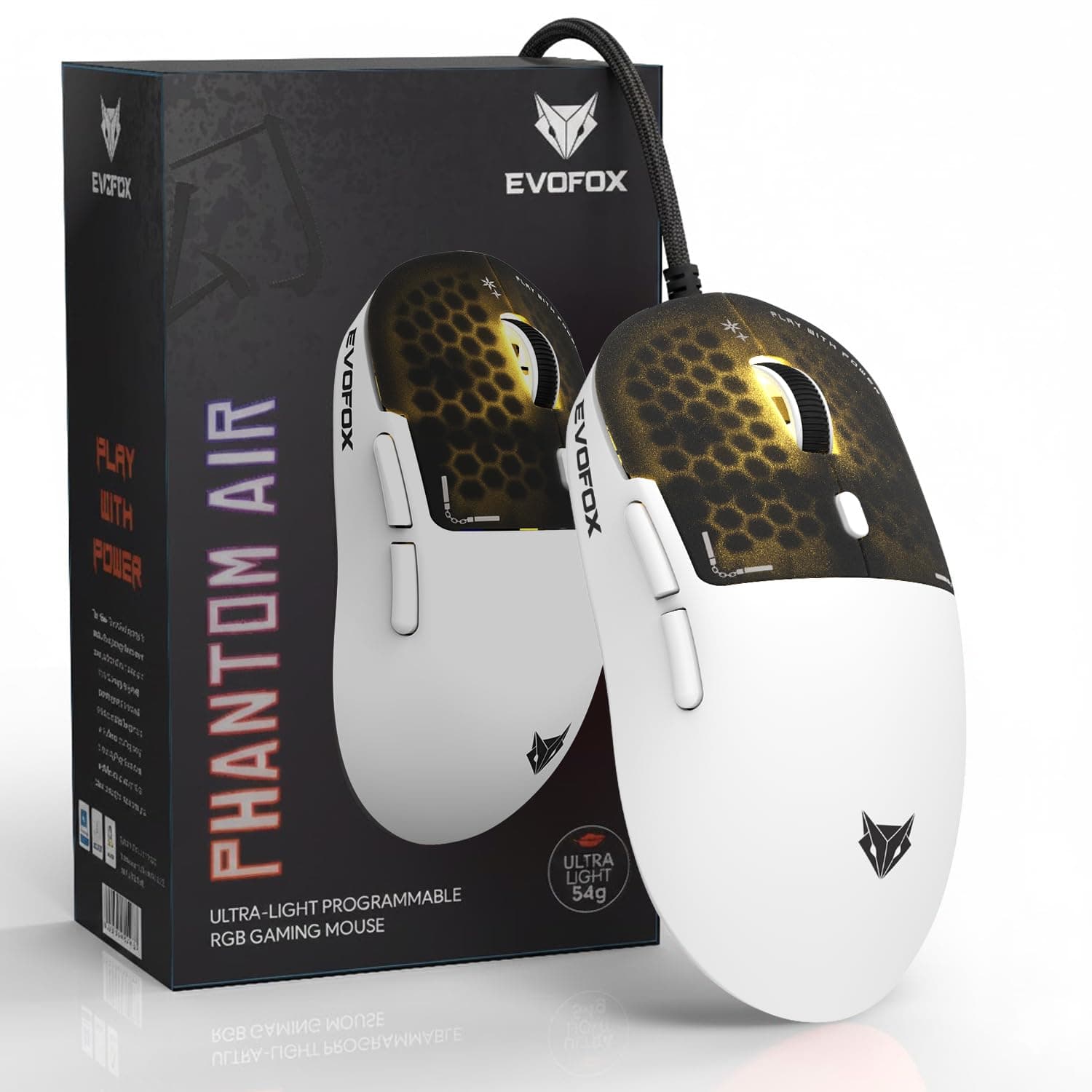 EvoFox Phantom Air Ultra Lightweight Gaming Mouse 54g | Upto 1000Hz Polling Rate, 7000 FPS, 12800 DPI | Honeycomb RGB Lighting | Fully Programmable with Windows Software & On-Board Memory | White