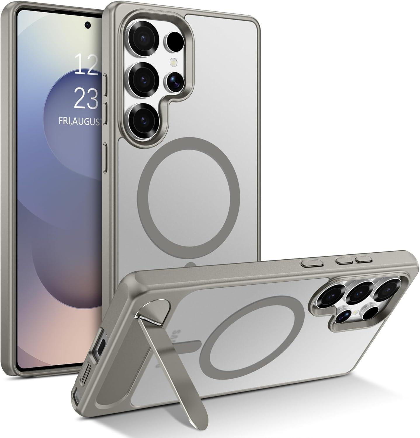 Elzzi Magnetic Cover Compatible For Samsung S24 Ultra 5g Case with Adjustable Metal Kickstand, Compatible with Mag-Safe Translucent Matte Protective Phone Shockproof Case, Natural Titanium