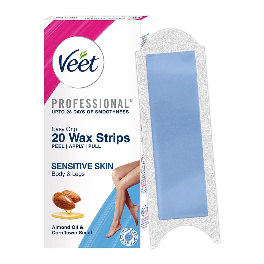 Veet Full Body Waxing Strips Kit for Sensitive Skin | 20 Pre-Coated Wax Strips & 4 Perfect Finishing Wipes | Up to 28 Days of Salon Like Smoothness | Arms, Underarms, Legs & Bikini Area