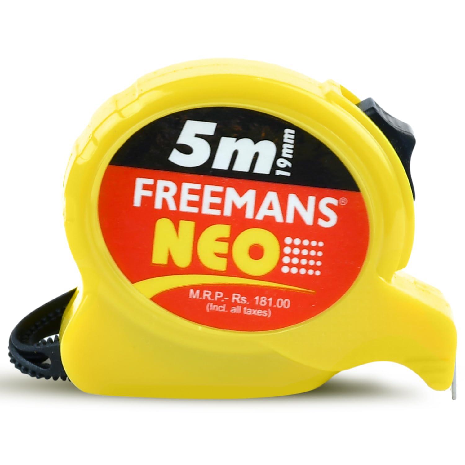 FREEMANS NEO 5m:19mm Steel Inchi Pocket Measuring Tape with Unbreakable ABS Case, Click-Action Front Lock, Finger Stop Protection, Hand Strap and Belt Clip