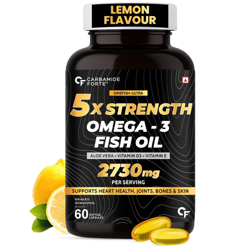 Carbamide Forte 5X Strength Omega 3 Fish Oil Capsules 2730mg | Fish Oil Omega 3 Supplement To Support Overall Health & Skin With Added Aloevera, Vitamin D3, Vitamin E For Men & Women - 60 Softgels