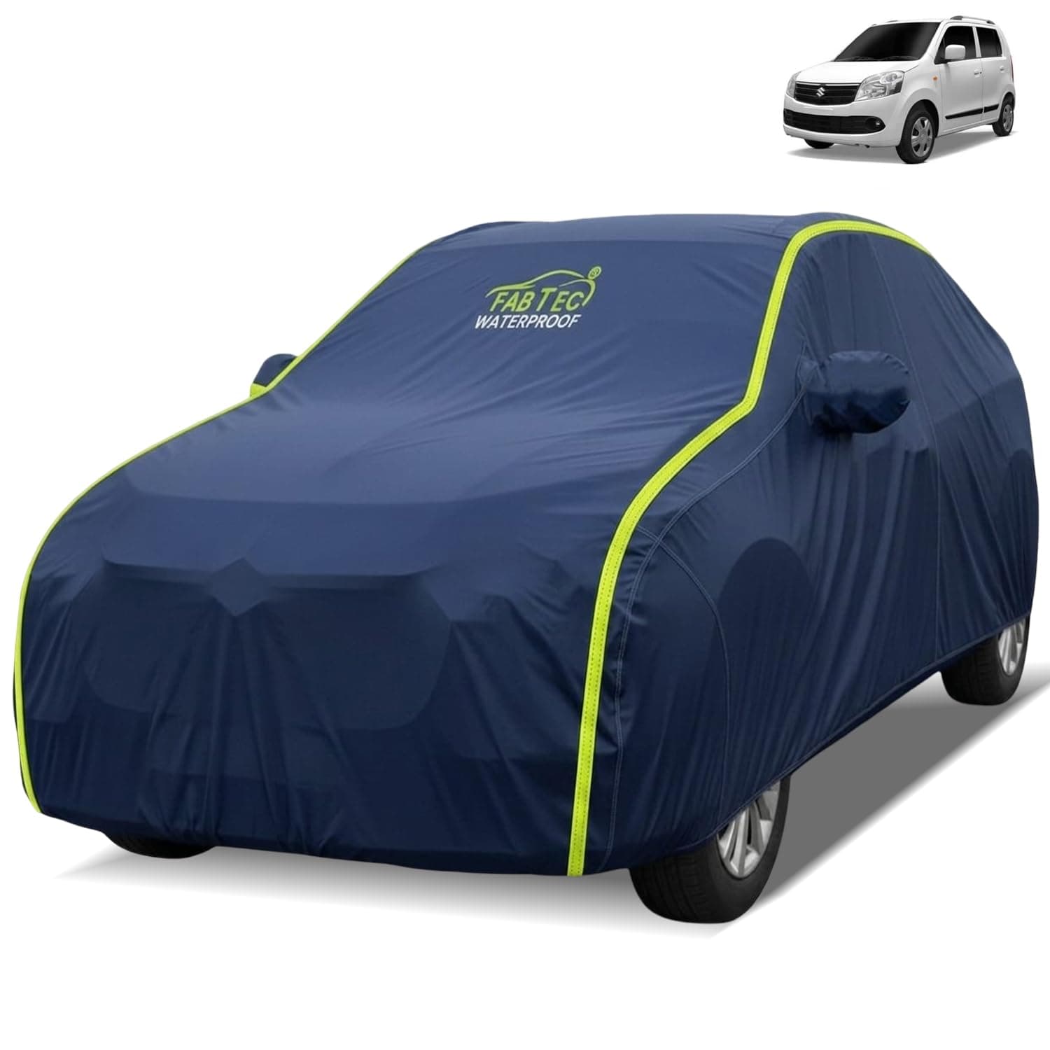 FABTEC Waterproof Car Body Cover for Maruti Wagon R Outdoor/Indoor All Weather Protection with Mirror Pocket Triple Stitched (Premium Navy Blue with Neon Piping)