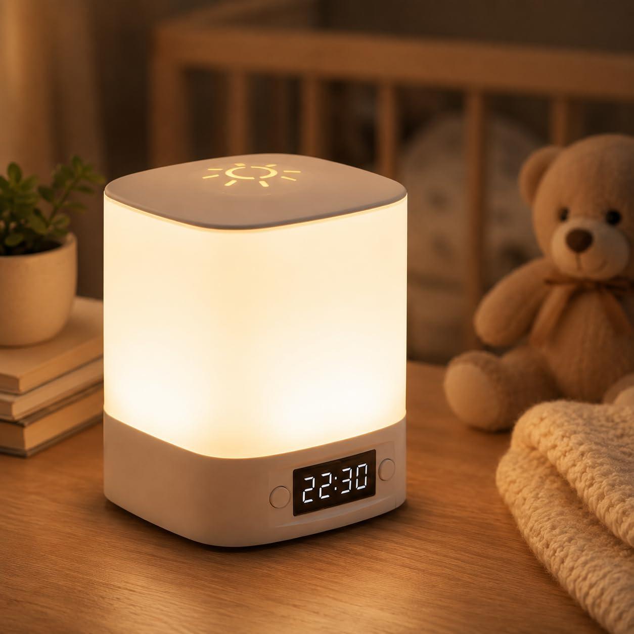 FLYNGO Touch Control LED Night Light Table Lamp for Bedroom, Living Room, and Study, with Clock, 3-Color Settings, Adjustable Brightness, USB Rechargeable (A2)