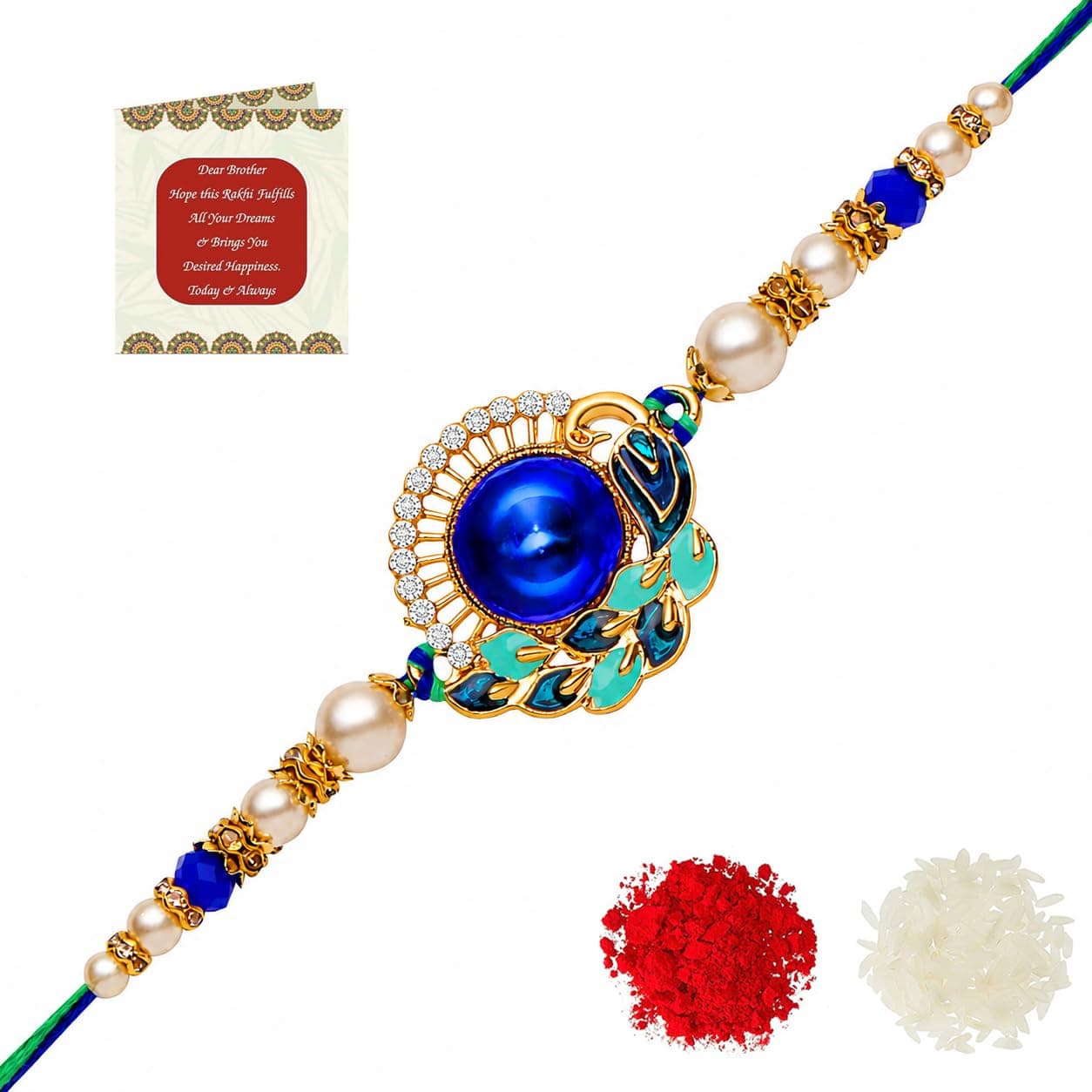 Riddhika Ventures Stylish Kundan and AD Ring Rakhi with Roli Chawal and Greeting Card (K13)