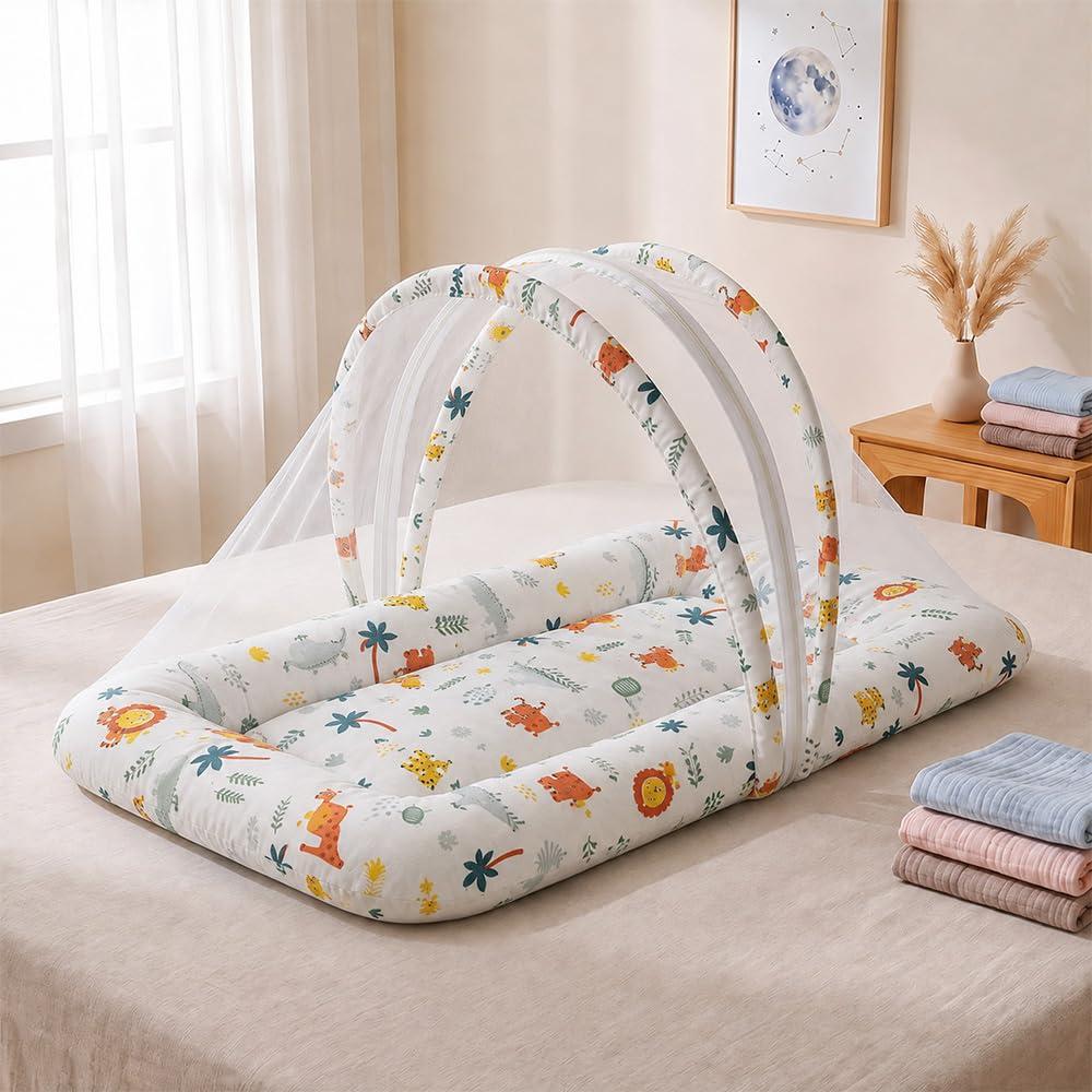 StarAndDaisy 3-in-1 Bedding Set for Newborn, Bed Mattress with Neck Pillow & Mosquito Net, Sleeping Nest & Travel Bed for 0-12 Months, Boys & Girls, Teddy Print (Lion Print)
