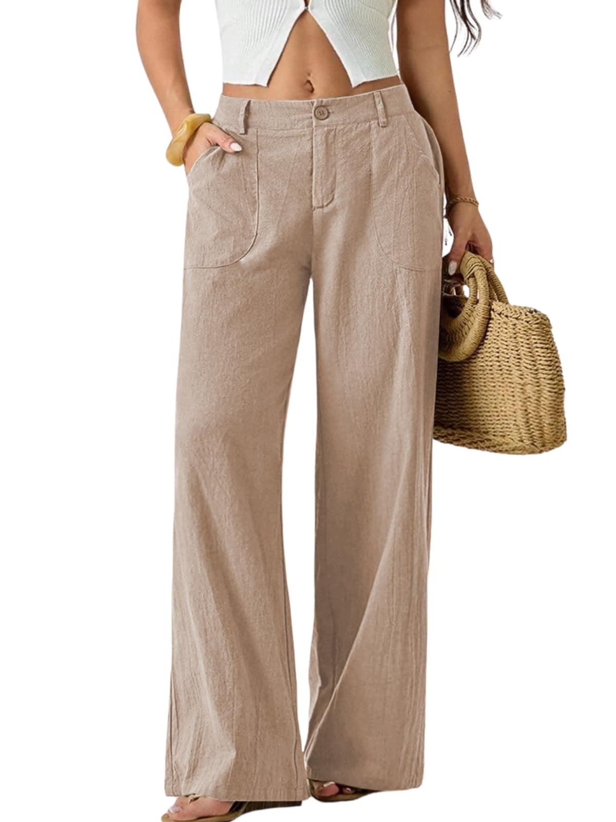 GRECIILOOKS Beige Wide Leg Linen Trousers for Women | High Waist Cotton Baggy Korean Style Casual Pants | Comfortable Formal & Casual Women Trousers