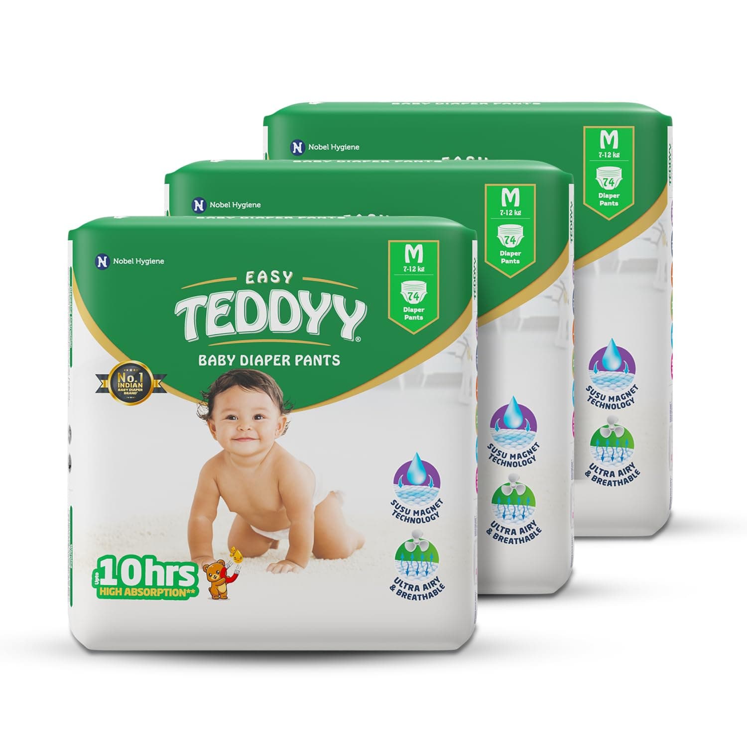 TEDDYY Baby Easy Pant Diapers Medium 222 Count (Pack of 3), 7-12 kgs, 10 hrs Leak Protection, Anti - Bacterial