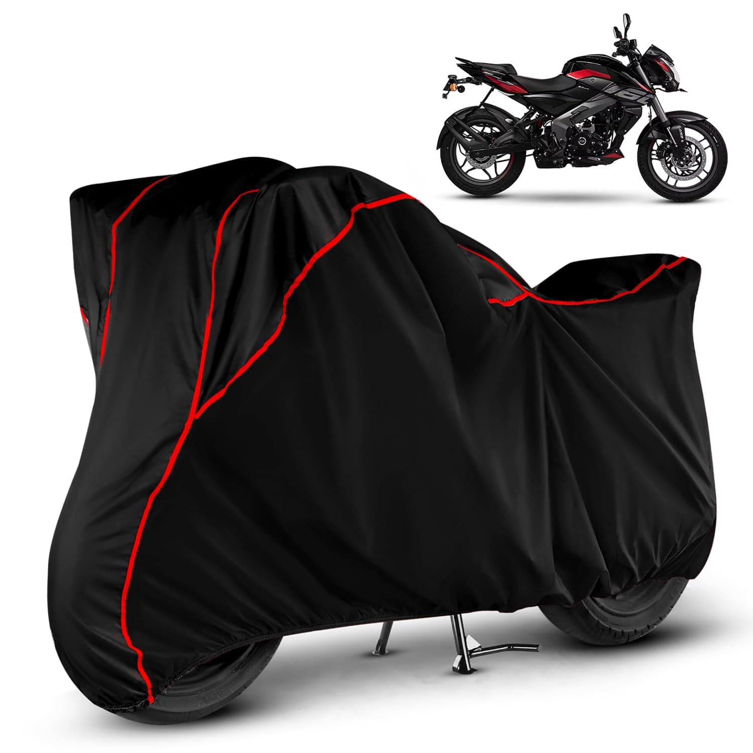 Waterproof Bike Cover for All Bajaj Pulsar Model Upto 400CC | All Weather Protection from Rain, Dust, Sun & Scratches | Black Red Piping | Universal Fit for All Bike & Scooty