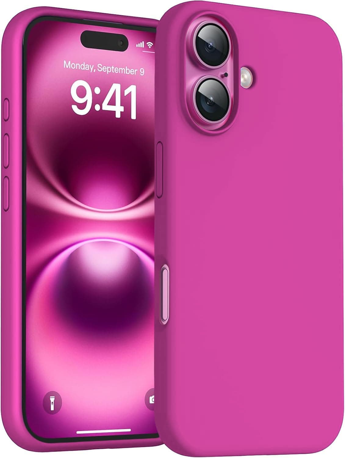 DIZORO Compatible for iPhone 16 Plus Case 6.7, Slim Liquid Silicone 3 Layers Full Covered Soft Gel Rubber Phone Case Protective Cover 6.7 Inch - Hot Pink