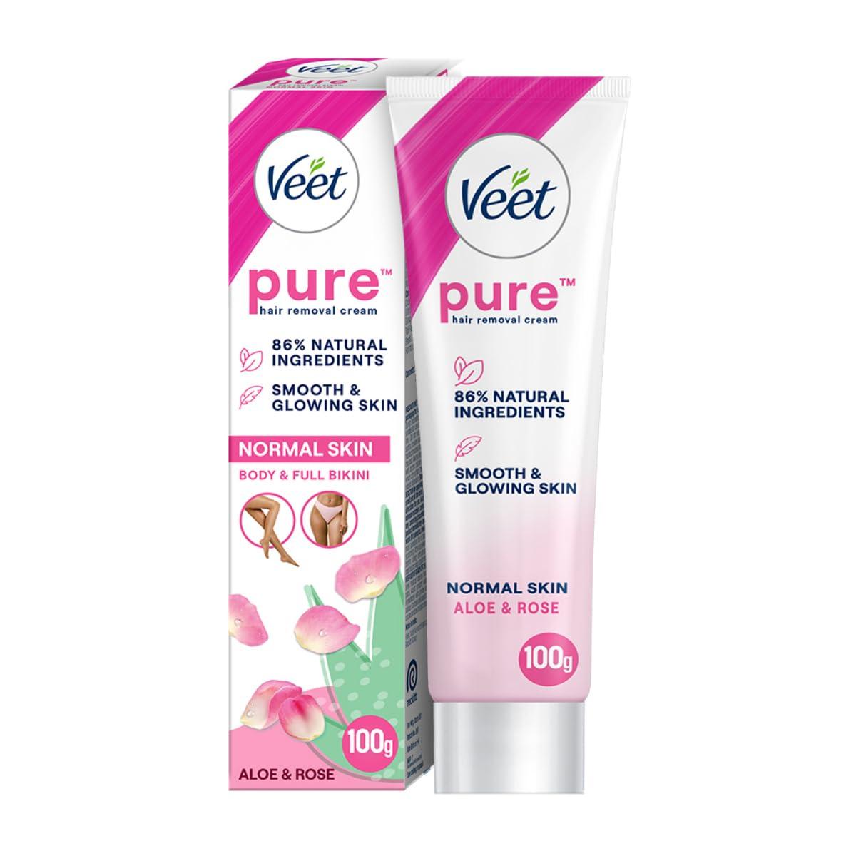 Veet Pure Hair Removal Cream for Women For Normal Skin - 100g | Suitable for Legs, Underarms, BikinI, Arms | Long Lasting Smoothness | Derma Tested
