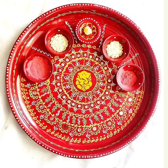 P.A.Decorative Handwork Ganeshaji Steel Aarti Pooja Thali Set/Haldi Kumkum Plates with 5 Diya/Diwali Puja Plate.[12 Inch][Large]