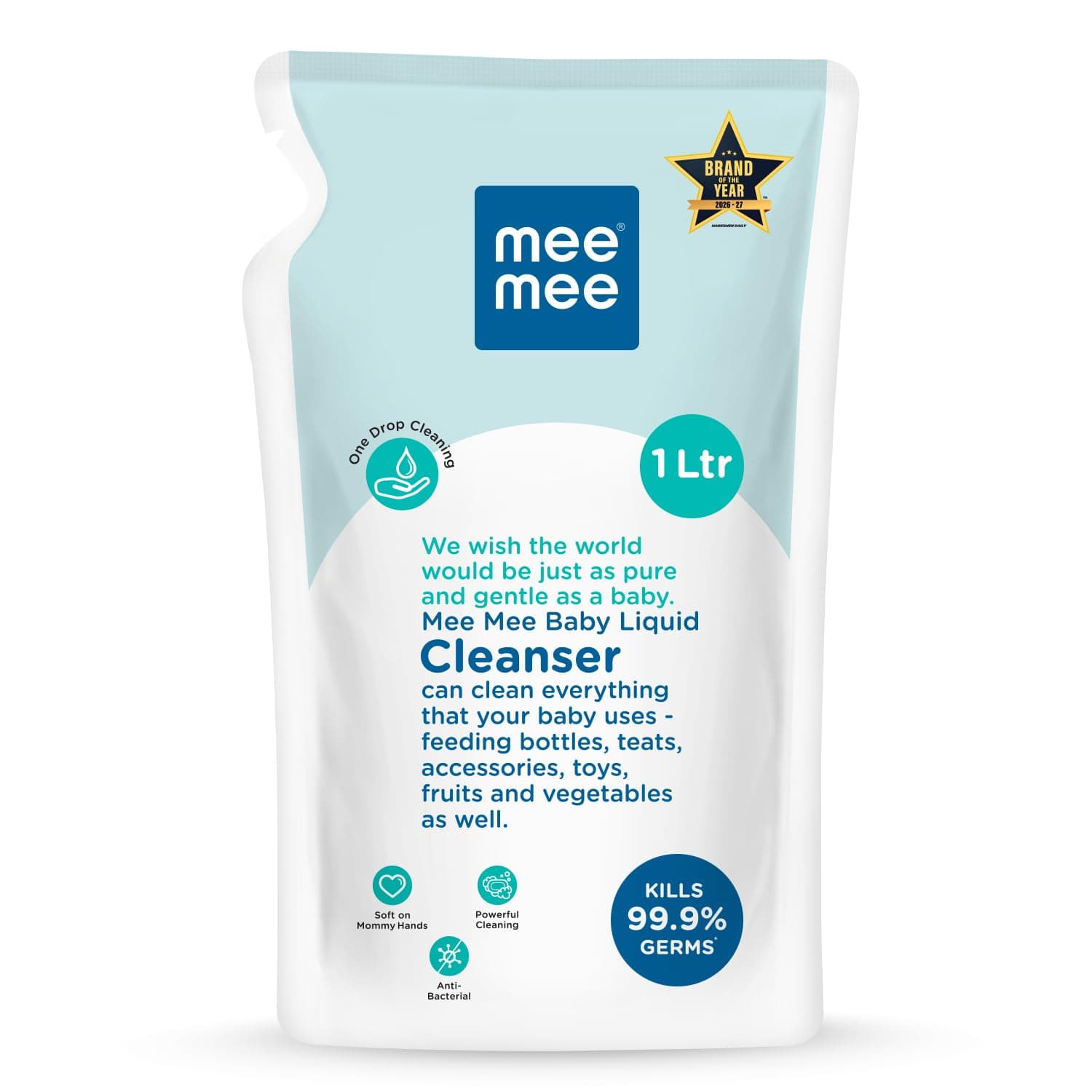 Mee Mee Baby Liquid Cleanser 1 L, Anti-Bacterial Kills 99.9% Germs | for Feeding Bottles, Nipples, Accessories, Toys, Fruits & Vegetables | No Alcohol, One Drop Cleaning, Dermatologically Tested