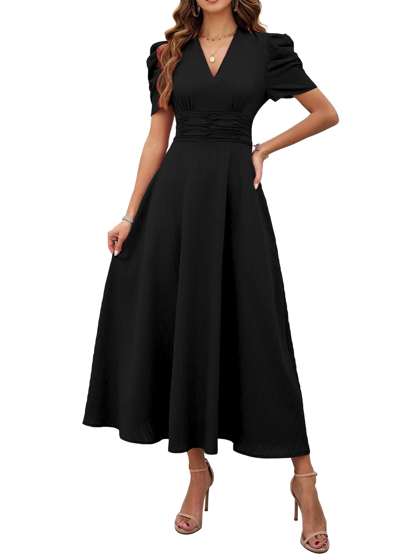 Shasmi Girl's & Women's Black Solid Color V-Neck A-Line Maxi Dress for Women | New Year Party Outfit | Waist Cinched Puff Sleeve Western Dress | Elegant Casual Wear (Dress 246 Black-XL)