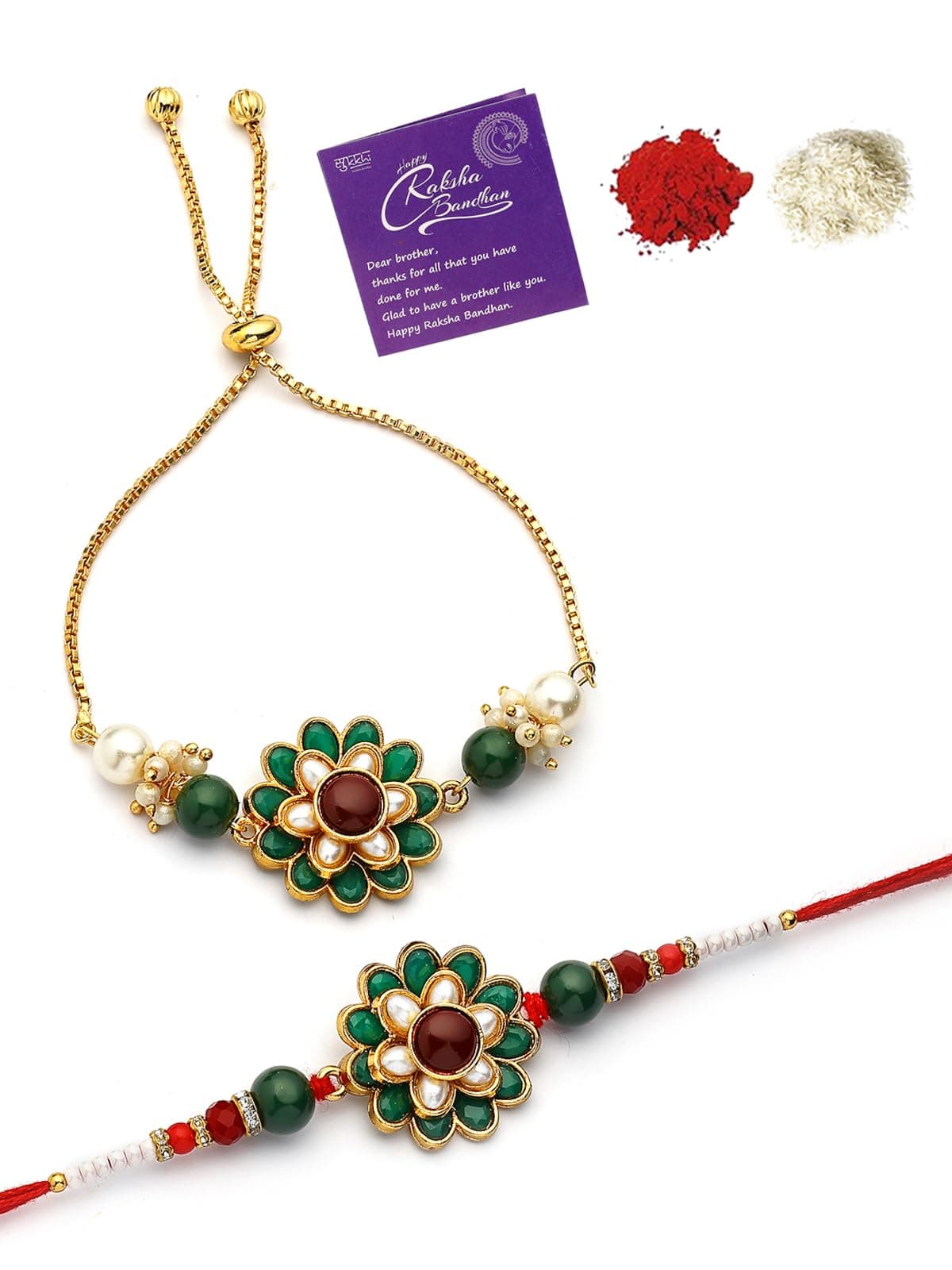 Sukkhi Rakhi Most Beautiful Floral with Gold Plated Red Green Rakshabandhan Combo Lumba Rakhi for Brother Bhiaya Bhabhi with Roli Chawal & Greeting Card|Set of 2|CBRAKL107458