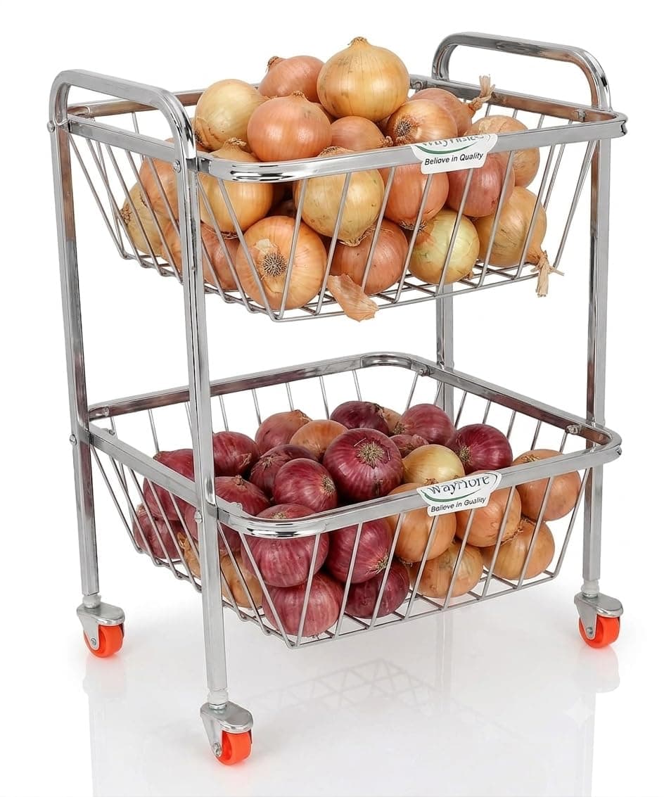 WayMore® 2-Tier Rack (12 * 12) Fruits & Vegetable Onion Trolley Container Basket Organizer Organiser Holder Stand for Kitchen with Wheel Stainless Steel Fruit & Vegetable Basket (Silver)