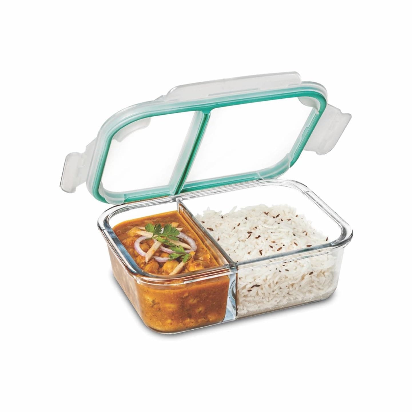 SIGNORA WARE Slim Borosilicate Glass Two Compartment Lunch box | Microwave & Dishwasher safe | Airtight & Leakproof | Retain Freshness | Ideal for Office, College or outdoor use (Clear | 600ml)