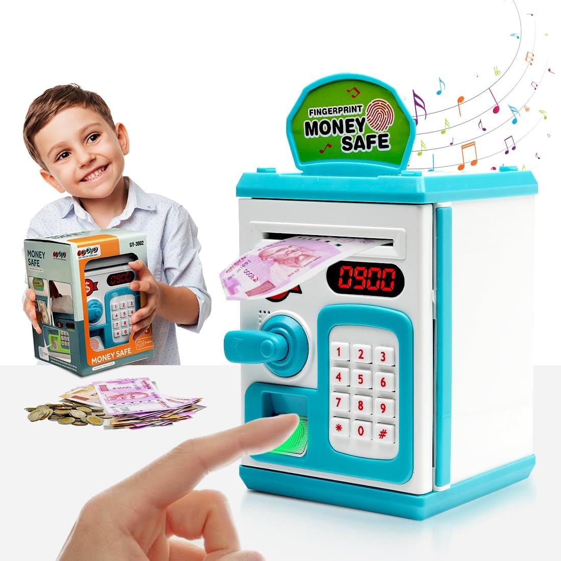 Gooyo GY-3011 Toy Money Bank with Fingerprint Sensor & Password Protection Feature | Money Safe Toy with Sound Effects | Money Saving Toy for Kids | Blue, Power Source : 3xAA Batteries (Not Included)