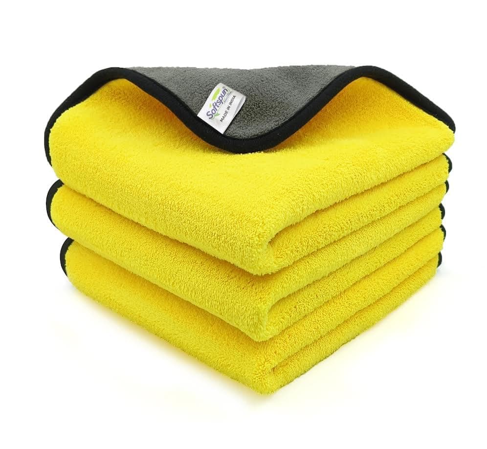 SOFTSPUN Microfiber Cloth Silk Banded Edges 800 GSM 30X40 cms 3pcs Yellow+Grey! Silk Banded Edge Towel Set Extra Thick Microfiber Cleaning Cloths Perfect for Bike Auto Cars Both Interior and Exterior.