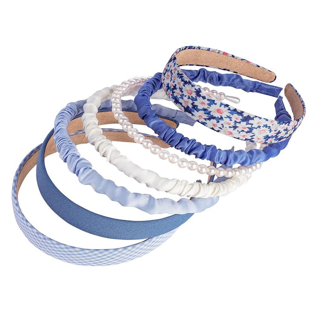 Shining Diva Fashion 7PCS Hair Bands Headbands Accessories for Women, Non Slip Flower Pearl Hairbands Headband for Girls Kids (16008hb) Blue