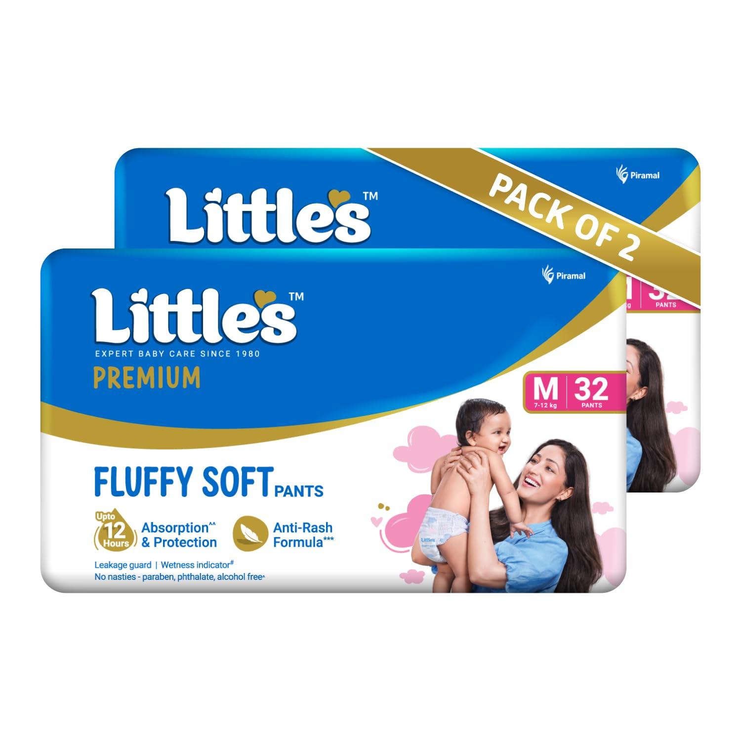 Little's Premium Baby Diapers M Size (Medium) Pants Style | 7-12 kg | 64 Count | FluffySoft Baby Diaper with Leakage Guard, Wetness Indicator & 12 Hours Absorption | (32 Count, Pack of 2)