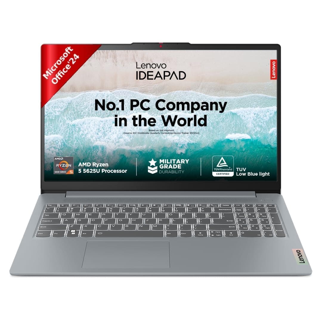 Lenovo IdeaPad Slim 3 15ABR8 15.6" FHD (1920x1080) Anti-Glare/AMD Ryzen 5 5625U/16GB Soldered DDR4-3200/512GB SSD/Windows 11 Home/Office Home 2024/Backlit KB/Arctic Grey/1.62Kg/1Y ADP (82XM0118IN)