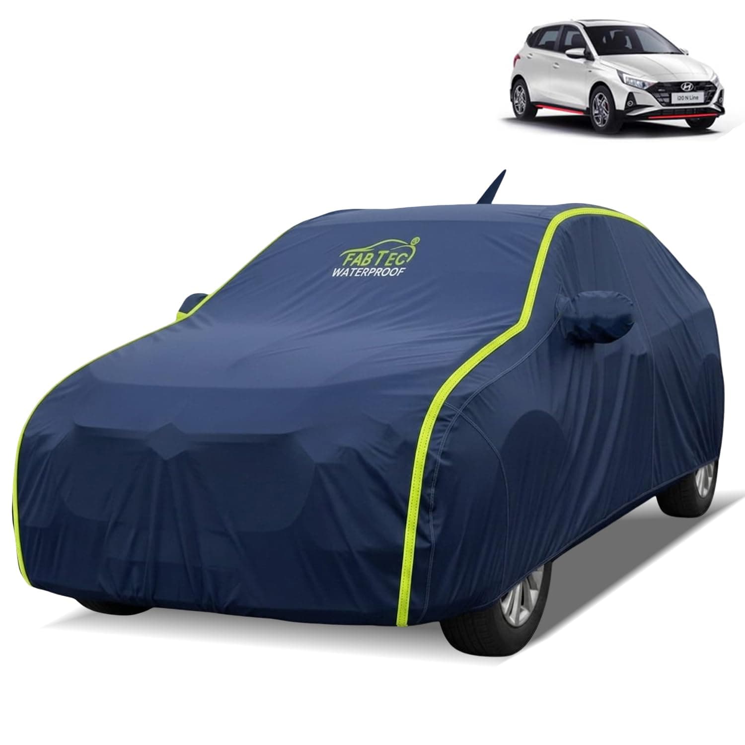 FABTEC Waterproof Car Body Cover for Hyundai I20 N Outdoor/Indoor All Weather Protection with Mirror & Antenna Pocket Triple Stitched (Premium Navy Blue with Neon Piping)