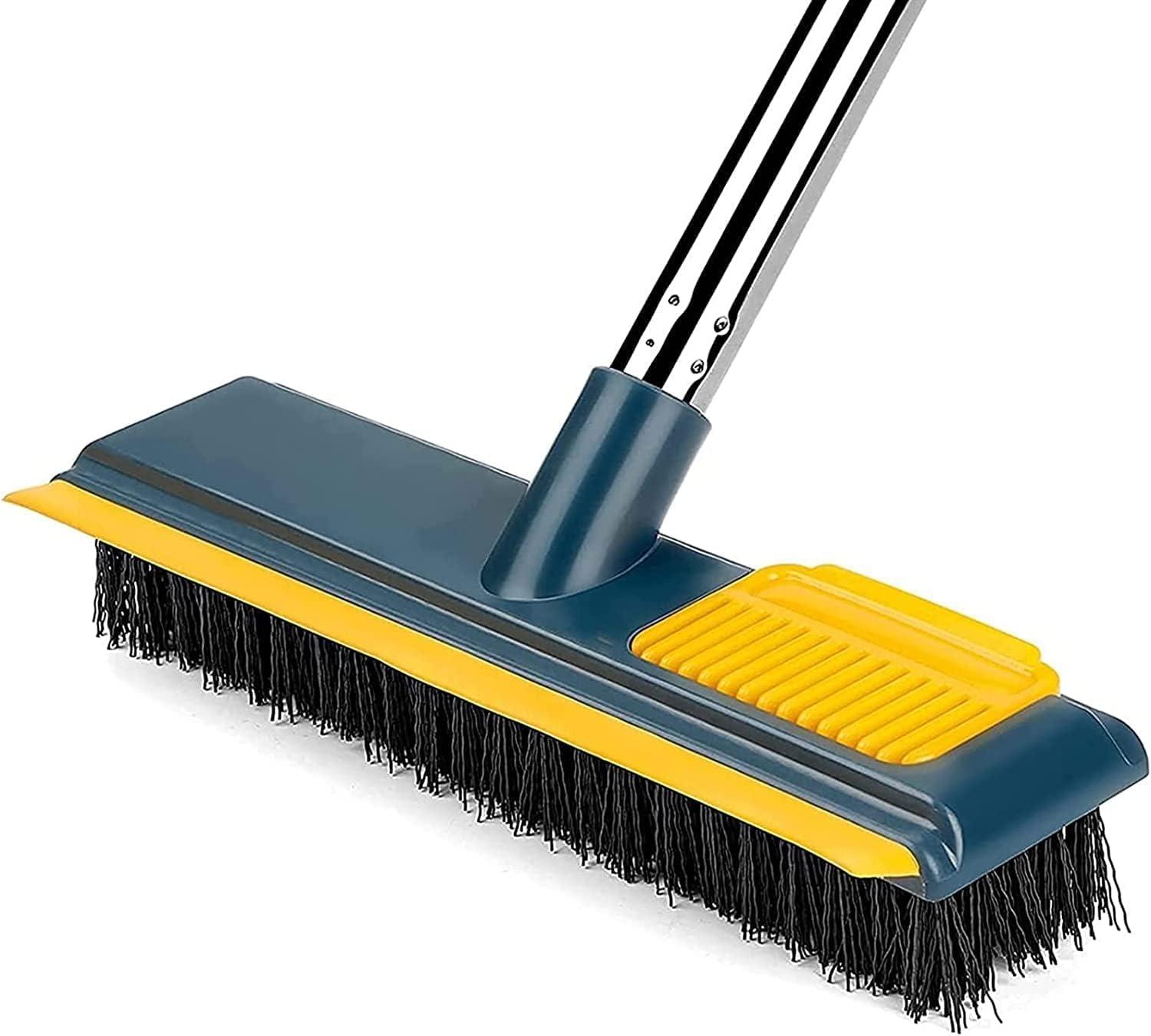Bathroom Cleaning Brush with Wiper, Long Handle Floor Scrubber Brush with Water Wiper Blade, Heavy Duty Tile & Floor Cleaning Brush, Multipurpose Bathroom Kitchen Floor Cleaner Tool (2 in 1 Yellow)