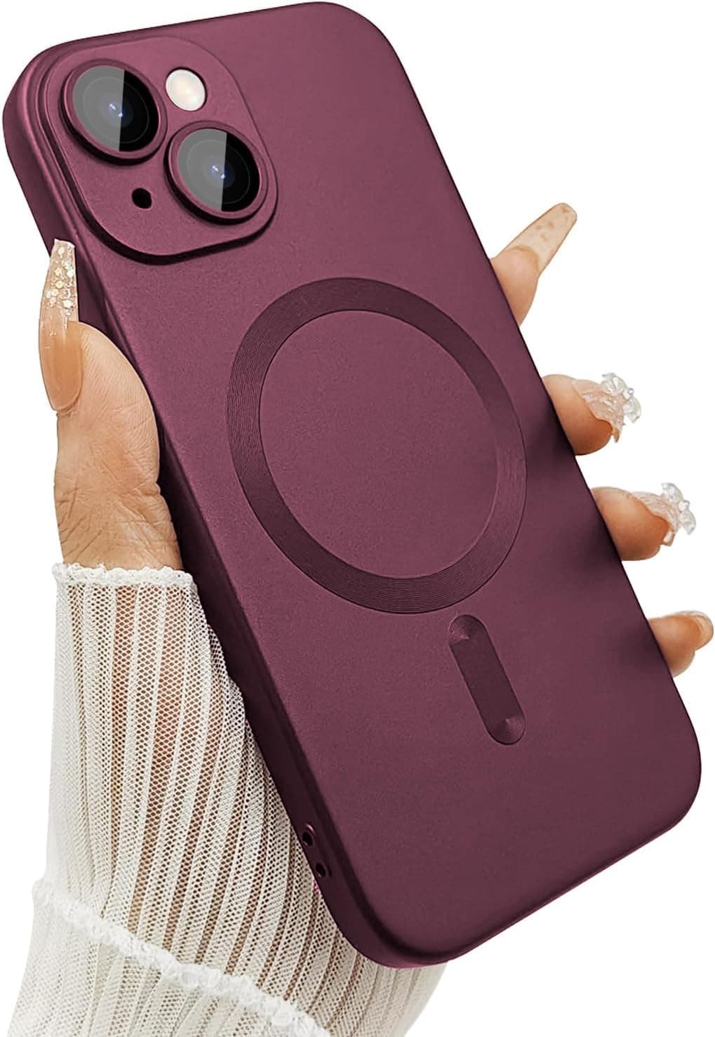 DIZORO® Magnetic Case for iPhone 13 / iPhone 14 Cover [Compatible with MagSafe][Built-in Camera Lens Protector] Slim Soft Silicone Bumper Shockproof Metallic Luster Back Cover Phone Cases (Wine)