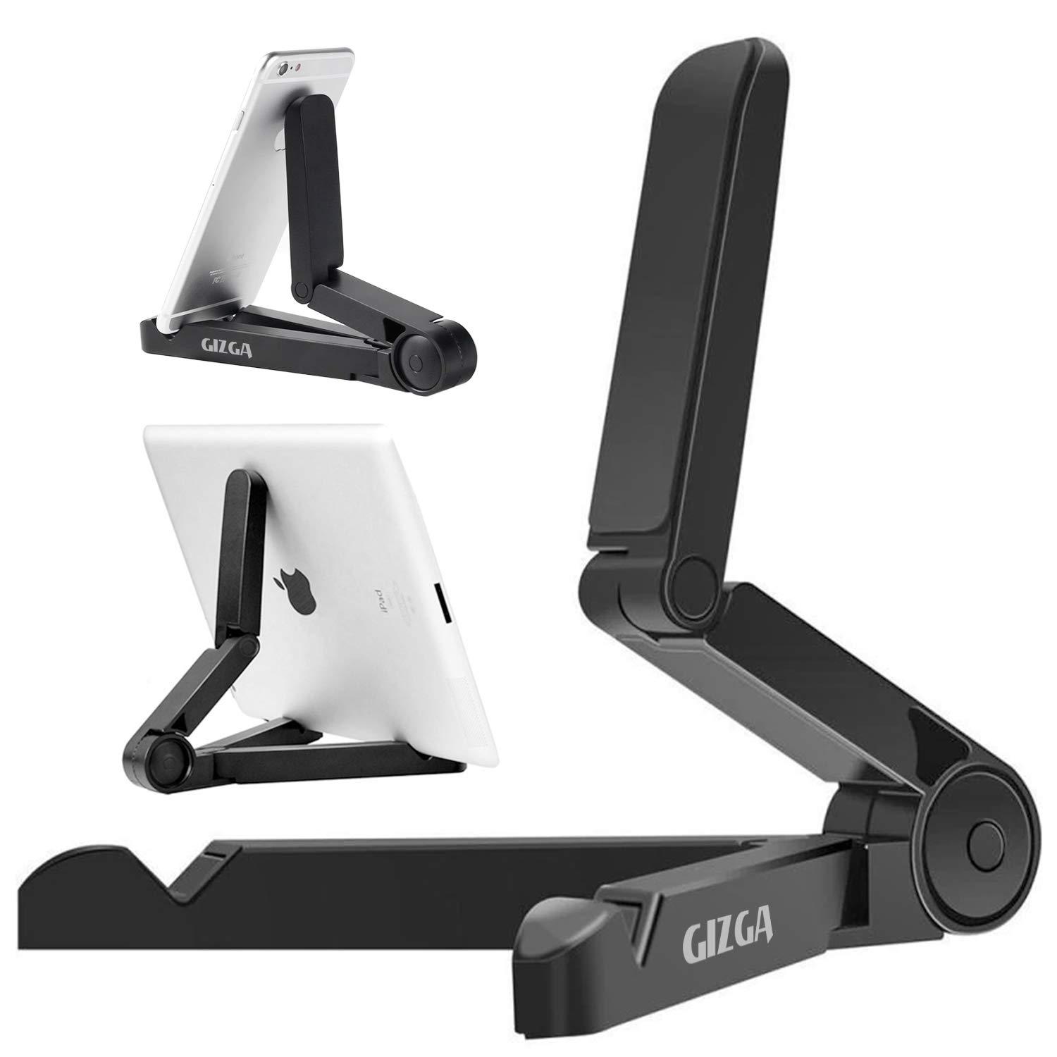 GIZGA ESSENTIALS Portable Tabletop Tablet Stand Mobile Holder, Desktop Stand, Cradle, Dock for iPad, Smartphone, Kindle, E-Reader, Fully Foldable, Adjustable Angle, Anti-Slip Pads, Black