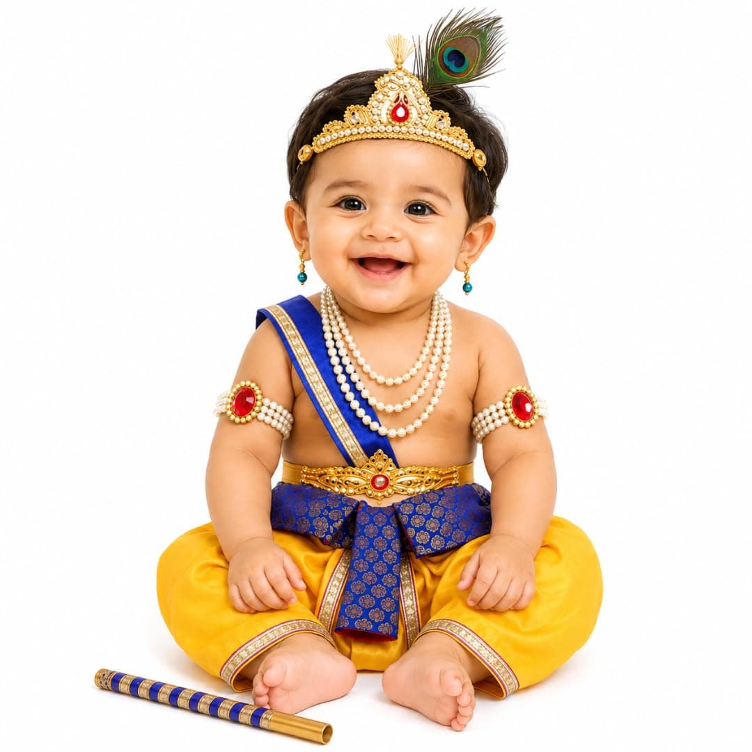 ITSMYCOSTUME Krishna Dress for Baby Boys | Little Krishna Costume Set with Dhoti, Mukut, Morpankh, Bansuri, Patka & Accessories | Janmashtami Fancy Dress for Kids (Blue Yellow)