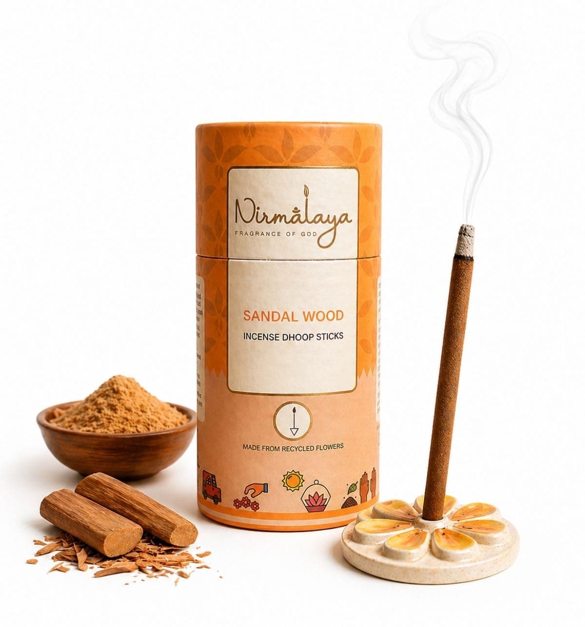 Nirmalaya Premium Sandalwood (Chandan) Bambooless Dhoop Sticks (40 Sticks) with Ceramic Stand Sacred Temple Flower | 100% Charcoal-Free | for Pooja, Meditation, Yoga & Home Fragrance