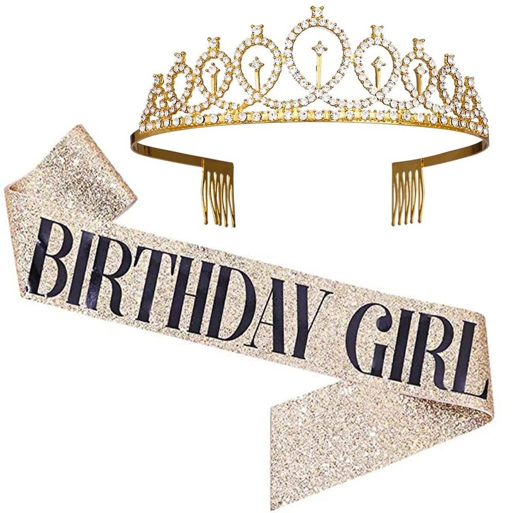 Shining Diva Fashion Latest Birthday Sash and Crown for Girls Birthday Decorations Items Gifts for Girls Women Kids Sister Best Friend 10, 15, 16, 12, 18, 20 years Teenager (Gold) (14859hb)