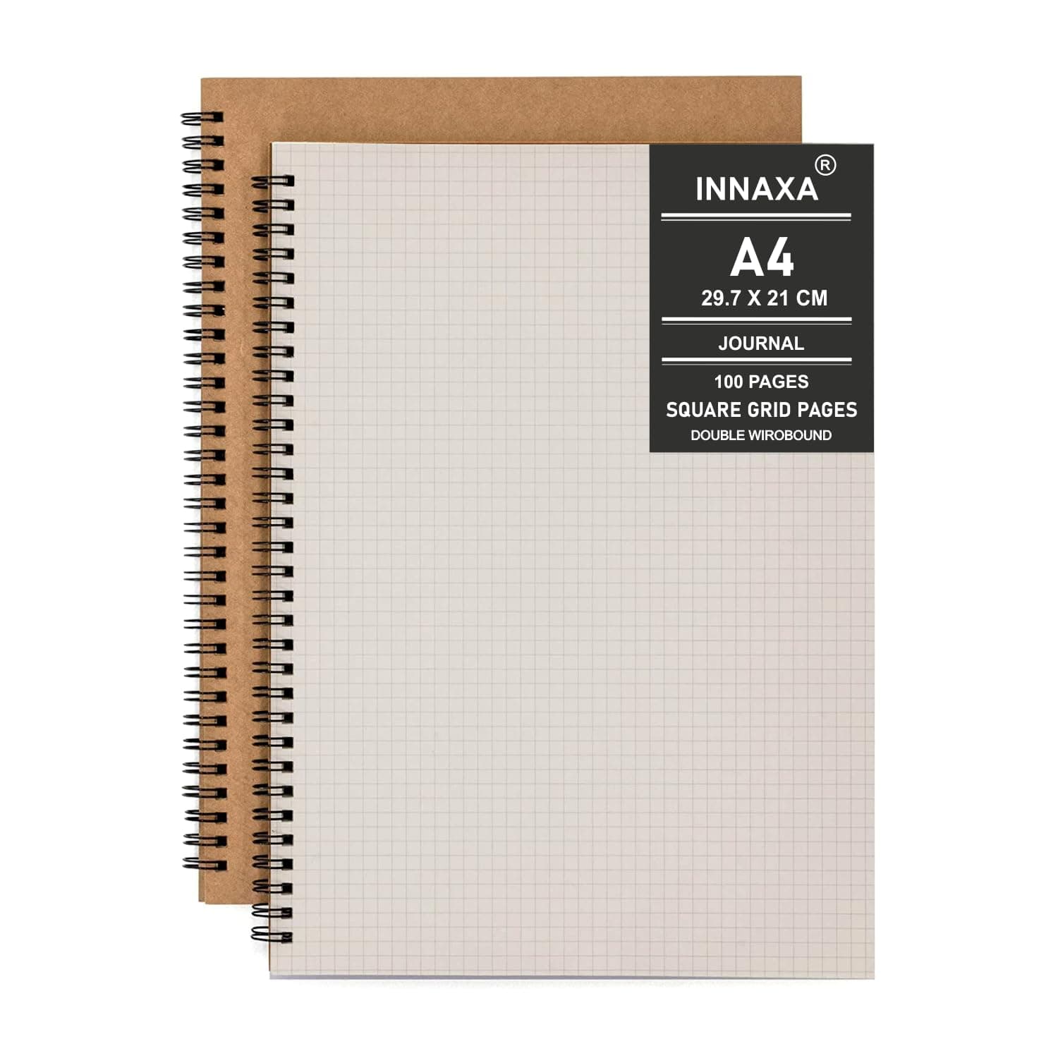 INNAXA 2 Pack A4 Square Grid Spiral Notebook, Kraft Cover Natural Shade Pages, Ruled Wirebound Notebooks Bulk Journals (Square Grid)