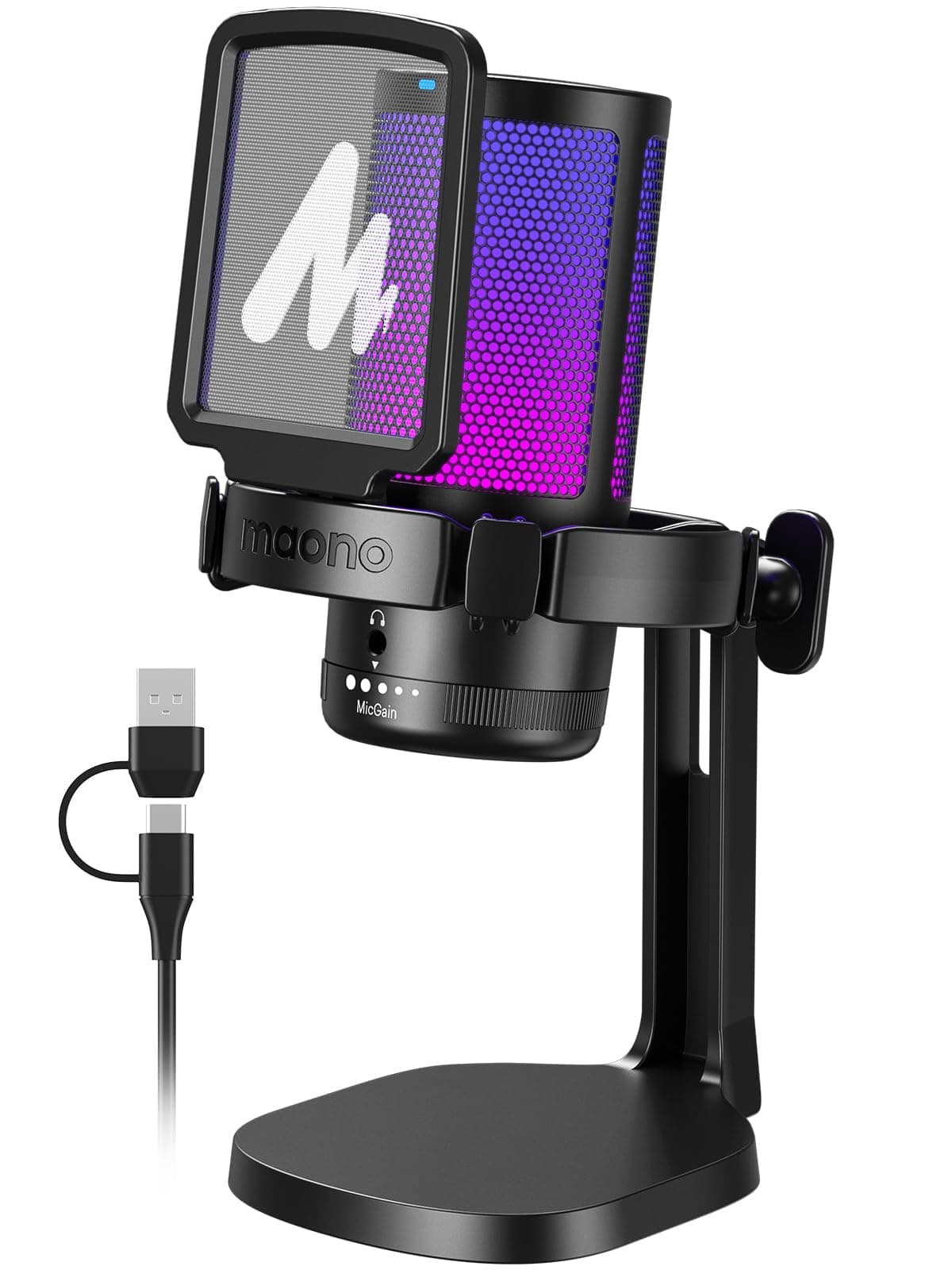 MAONO RGB Condenser Gaming Mic, USB Podcast Microphone with Noise Cancellation, Mic Gain, 1-Click Mute, Adjustable RGB Light for YouTube Recording, PC, Laptop (DGM20-Black)