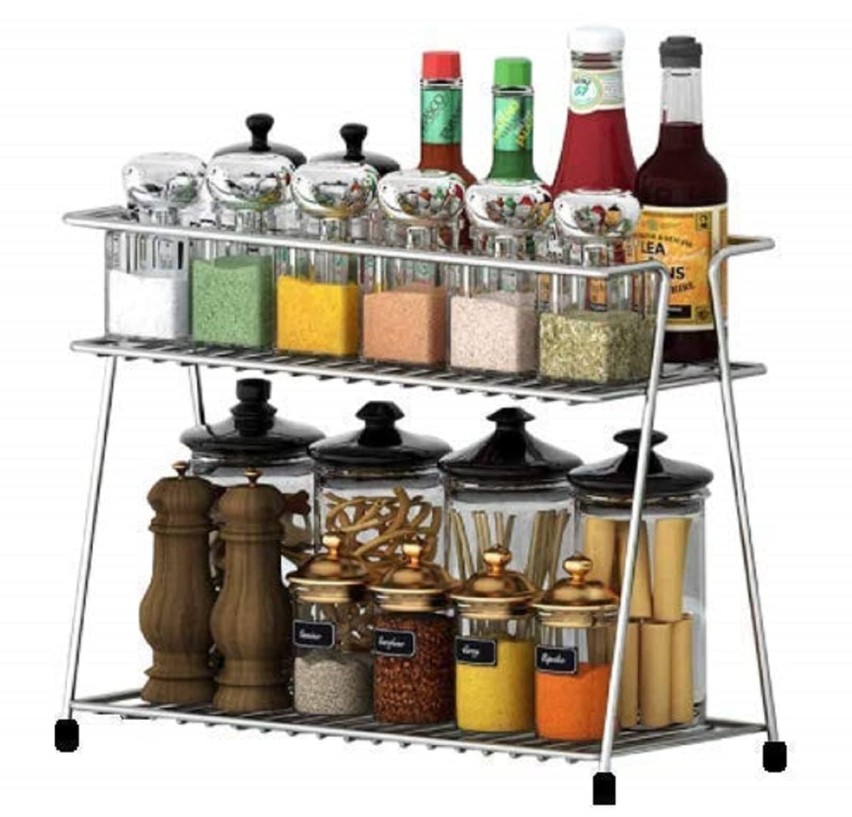 12FOR COLLECTION Stainless Steel 2-Layer Corner Storage Rack - Kitchen Organizer For Efficient Counter Space Utilization (Silver, 35L X 15W 28Hcountertop, Tiered Shelf)