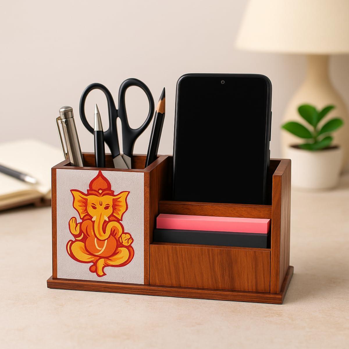 DivineCraftedArt Handcrafted Wooden Pen Holder & Mobile Stand | Desk Organizer for Office, Home & Study Table | Pen Pencil Stand with Card Holder (6.75×3.75×2.5 Inch) (Ganesha Harmony)