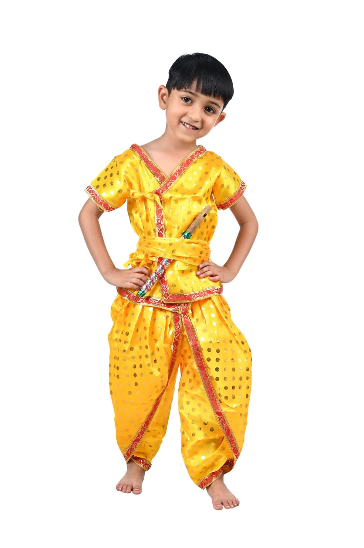 BookMyCostume Baby Krishna Kanha Kanhaiya Dhoti Kurta Polka Dots with Flute Kids Fancy Dress Costume 10-12 years