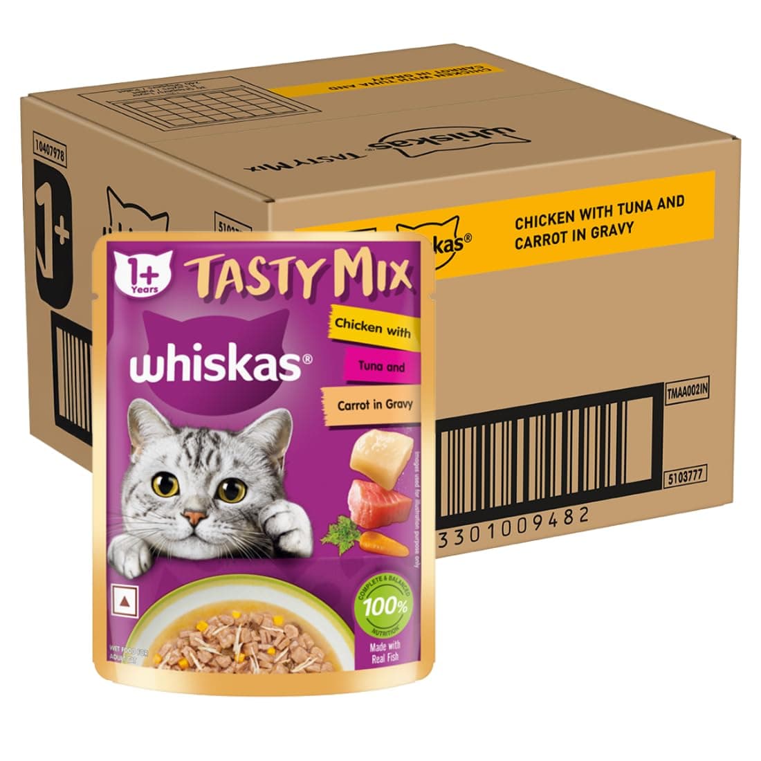 Whiskas Tasty Mix Adult (1+ Year) Wet Cat Food, Chicken with Tuna & Carrot in Gravy, 70 g, Pack of 28, Made with Real Fish, Complete & Balanced Nutrition for Adult Cat