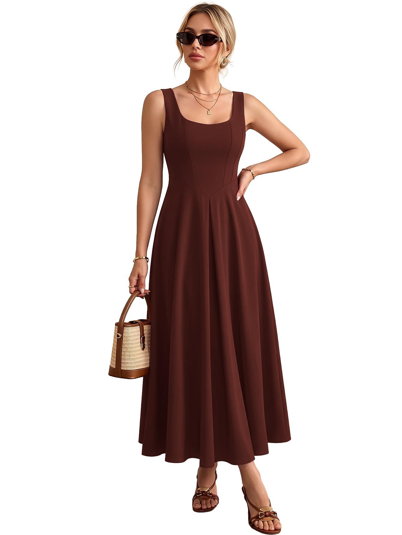 MULVARI Brown Solid Fit and Flared Round Neck Midi Dress for Women's & Girl's(399-Brown-XXL)