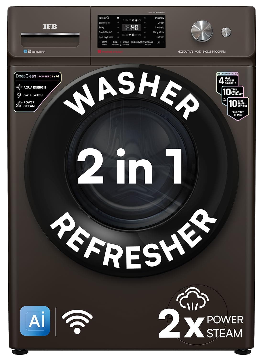 IFB 9 Kg 5 Star, DeepClean® Technology, AI Powered, WiFi, Fully Automatic Front Load Washing Machine (EXECUTIVE MXN 9014K CMS, PowerSteam®, 9 Swirl, Steam Refresh, Inbuilt Heater, Eco Inverter, Mocha)
