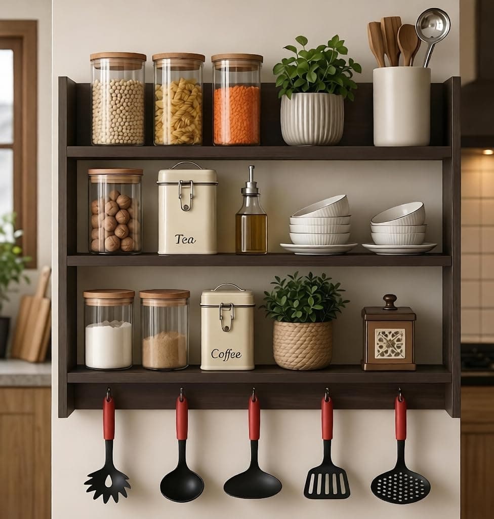 Shoper cart Modern Kitchen Wall Shelf with Hooks, 3-Tier White and Beech Wood Storage Rack, 55 x 50 cm, Utensil Organizer with Spice Jar Display (Brown)