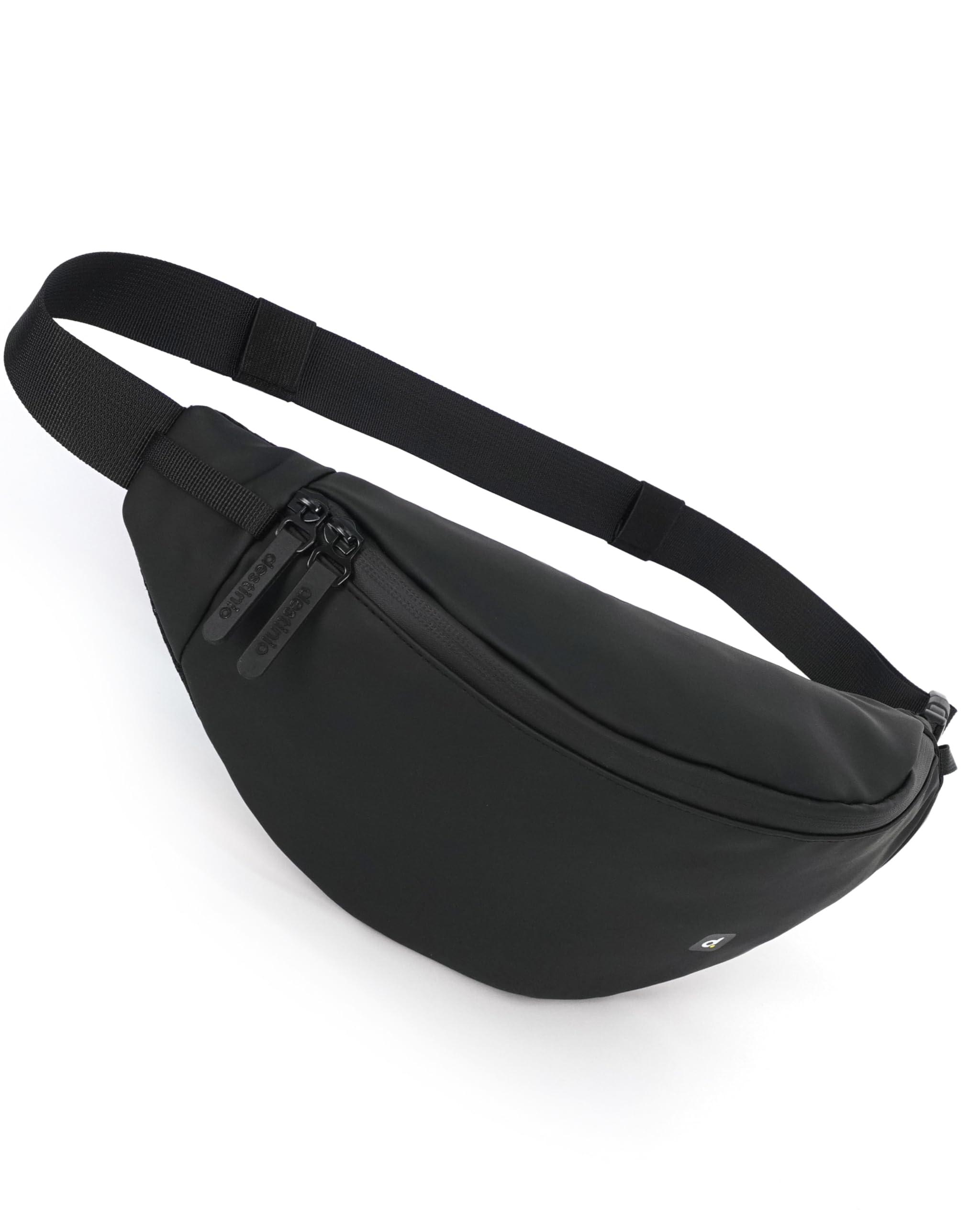 Destinio Waist Bag for Man Woman - Water Repellent Fabric, Waterproof Zippers & Back Pocket - Large Travel Waist Pouch, Fanny Pack, Belt & Hip Bag for Hiking - Black