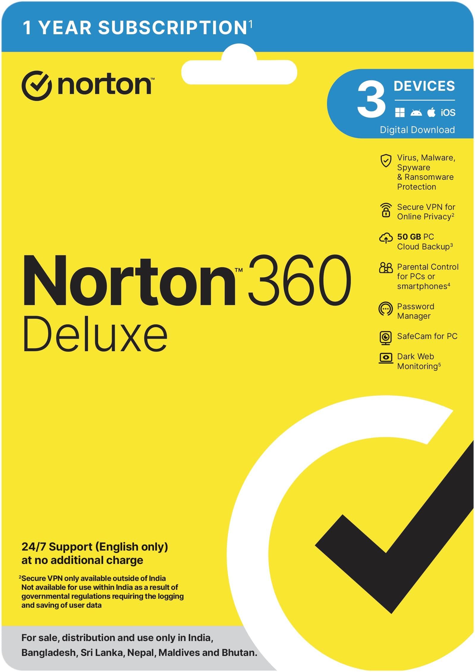 Norton 360 Deluxe |3 Users 1 Year|Total Security for PC, Mac, Android or iOS|Additionally Includes Password Manager, PC Cloud Back Up, SafeCam for PC