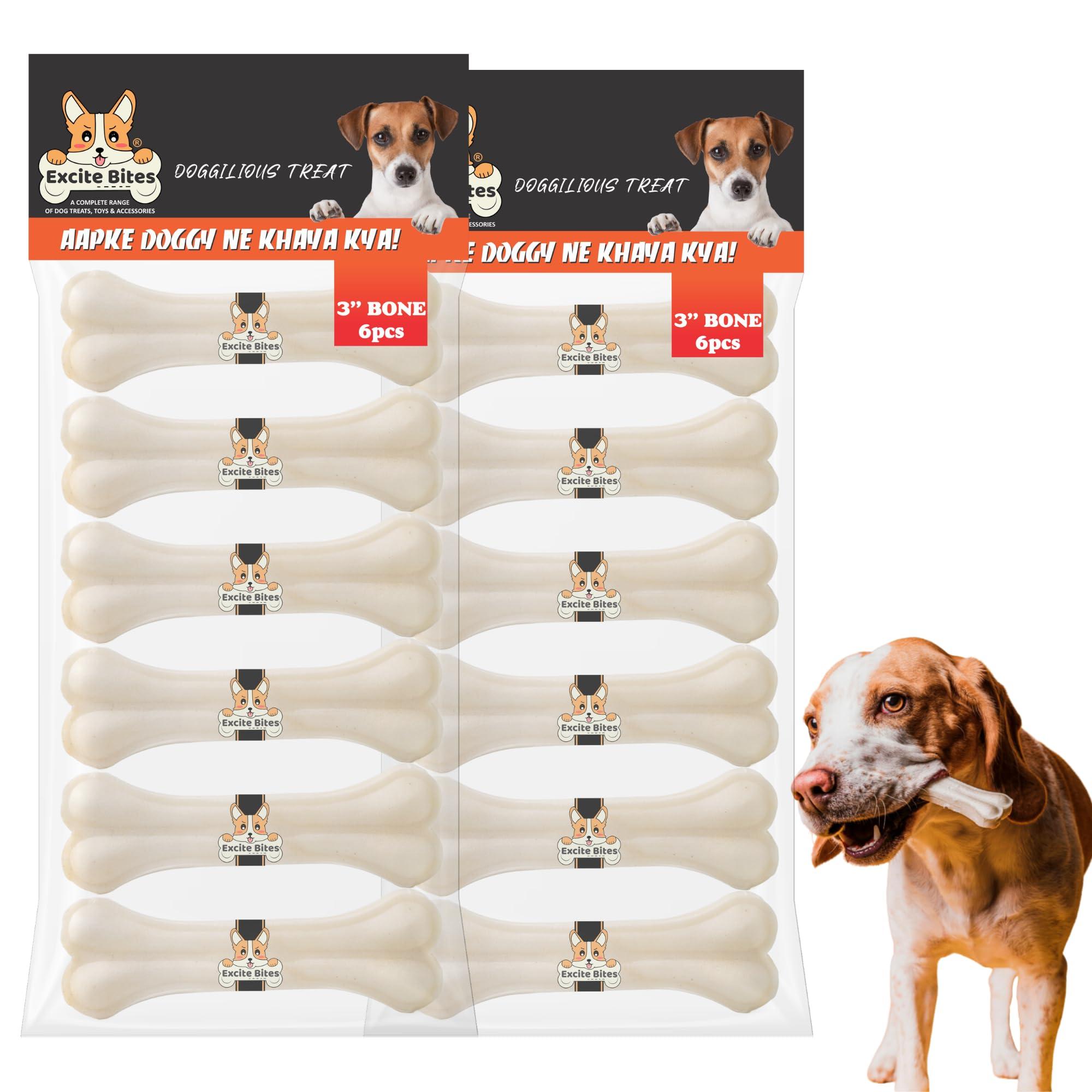 EXCITE BITES Pressed Rawhide Bones for Dog Treats | Dog Calcium Bone Dog Chewing Needs | 3Inch Calcium Bone Treat for All Dogs | Combo Offer (3"-6Pcs) Each, 200 g (Pack of 2)
