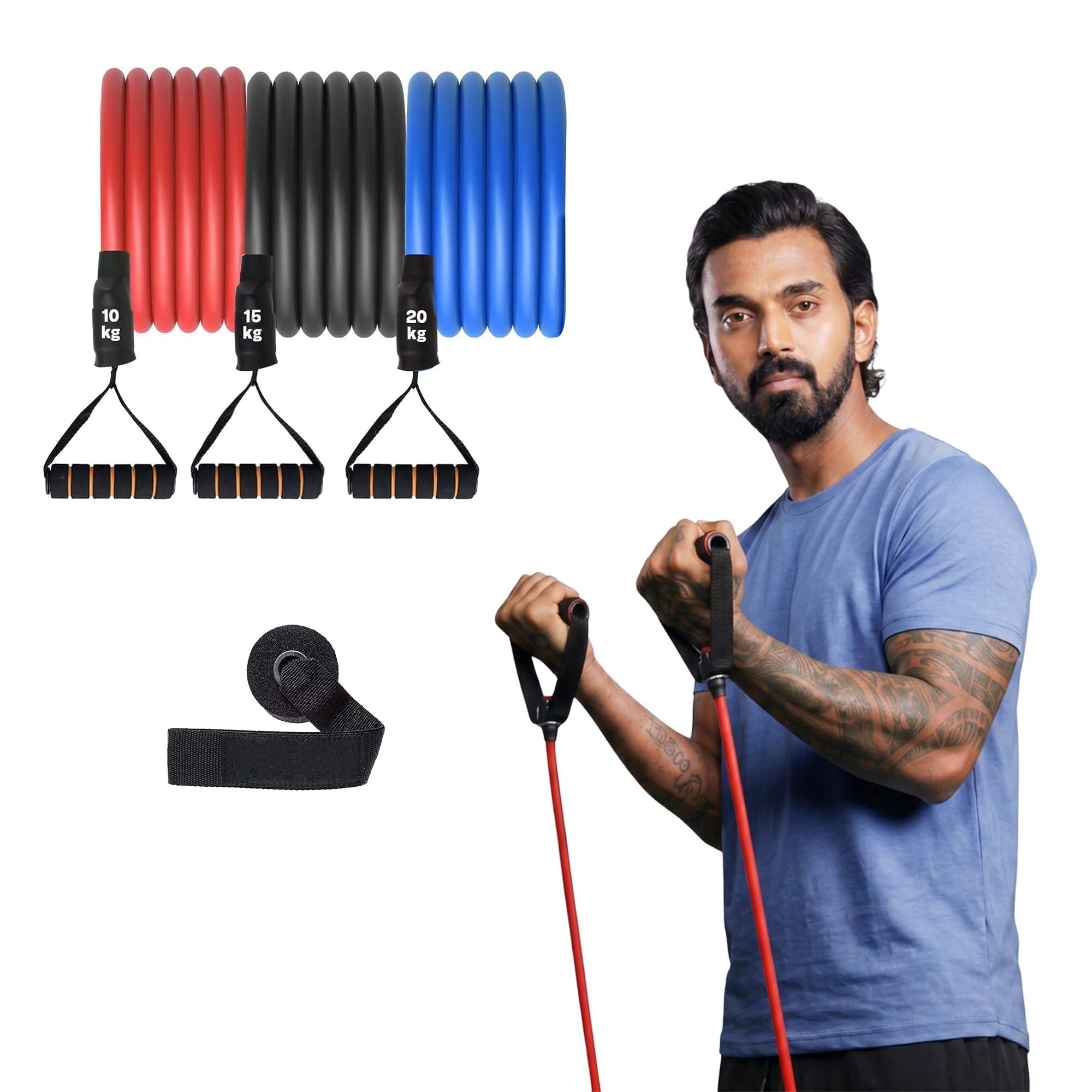 Boldfit Resistance Tube with Foam Handles, Door Anchor for Exercise & Stretching, Suitable in Home & Gym Workout for Men & Women Resistance Tube for Workout, Exercise & Stretching - (Red, Black, Blue)