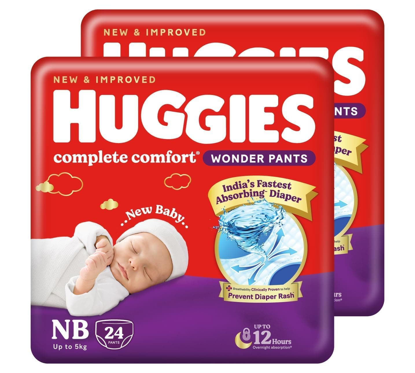 Huggies Complete Comfort Wonder Pants | Pant Style Baby Diapers Newborn Size (NB/XS), 48 Count | India's Fastest Absorbing Diaper, Prevents Diaper Rash, Ideal for 0-5 Kgs (24 Count, Pack of 2)