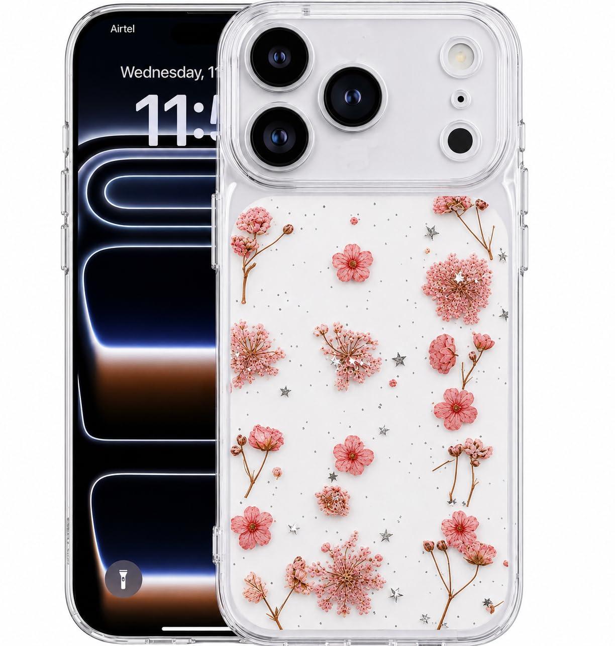 Enflamo Clear Silicone Case Glitter Floral Back Cover for iPhone 17 Pro Max | with Pressed Dry Real Flowers (Pink)