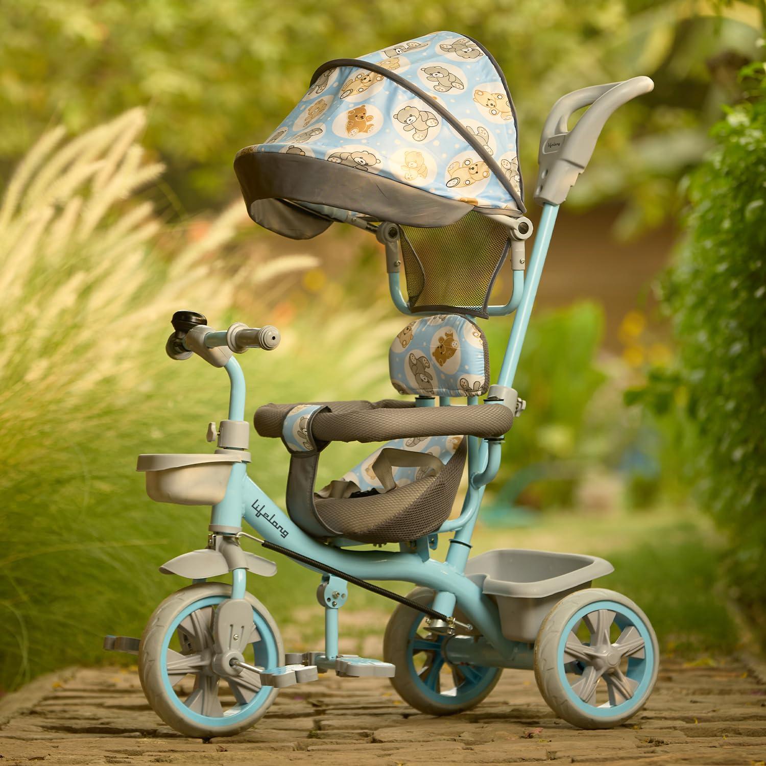 Lifelong Kids Parental Control Tricycle with Canopy,Harness,EVA Wheels, Bell & Storage Basket|Baby Trike|Age Group 1 Years to 4 Years Carrying Capacity Upto 25 kg (Blue/Grey)