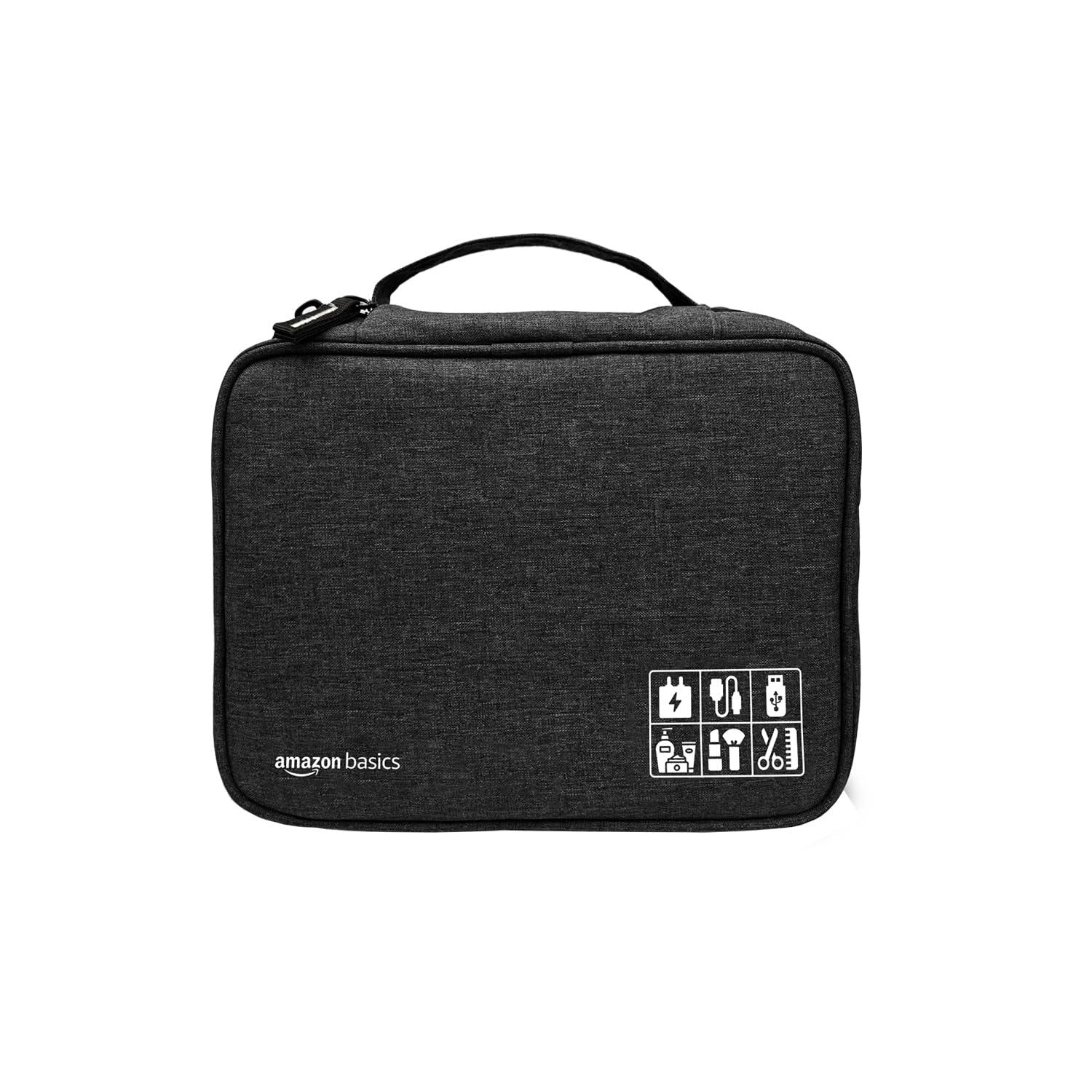 Amazon Basics Travel Organiser for Electronic Accessories, Flexible Padded Dividers, Waterproof, Foam Padding, for Cables, Chargers, Hard Disk, Power Bank (Black)